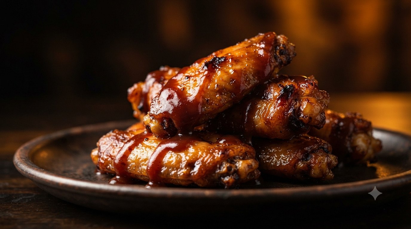 Alitas de pollo BBQ glaseadas y brillantes, apiladas con salsa barbacoa goteando
