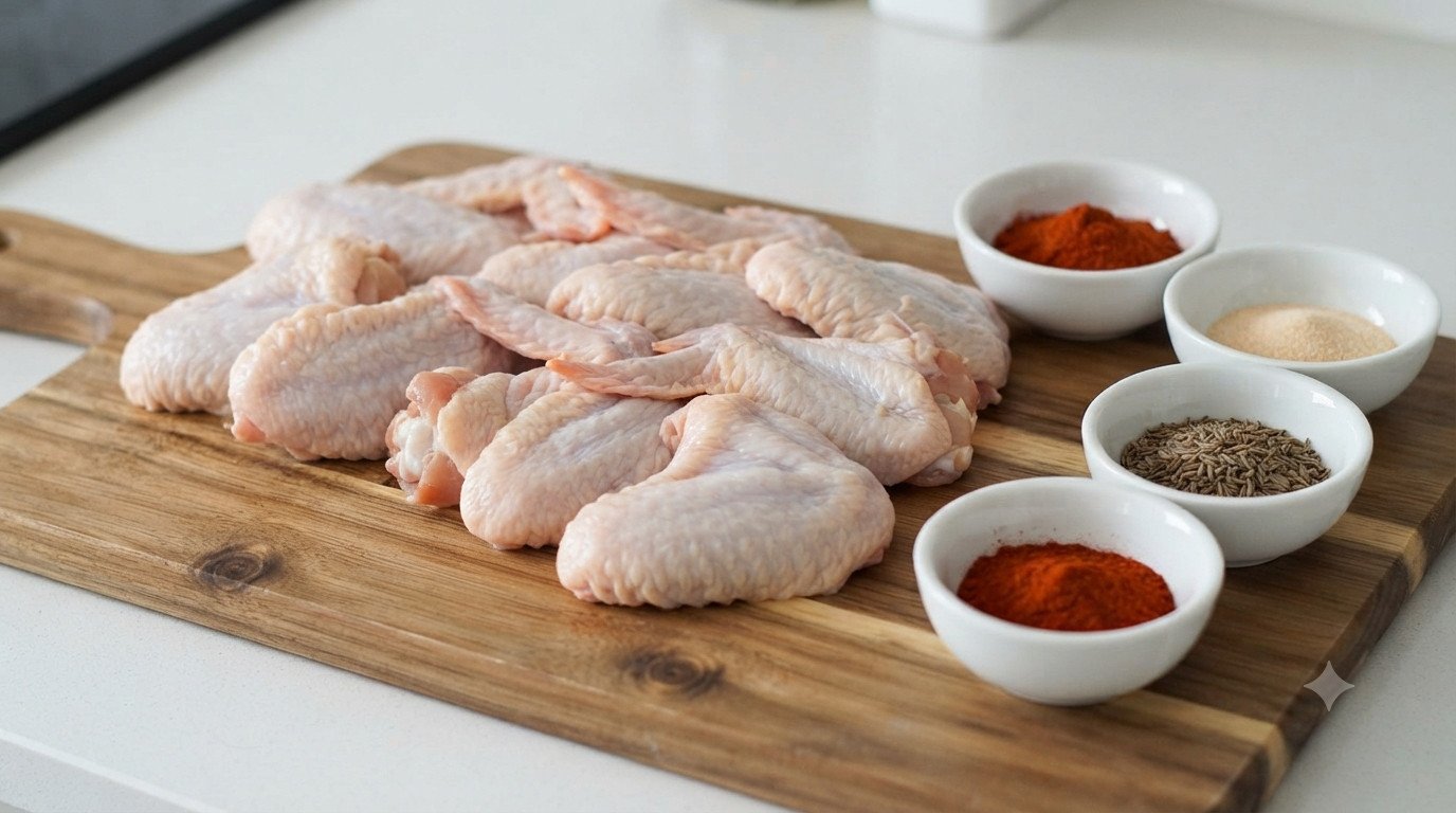 Alitas de pollo crudas sobre tabla, con especias en cuencos pequeños al lado
