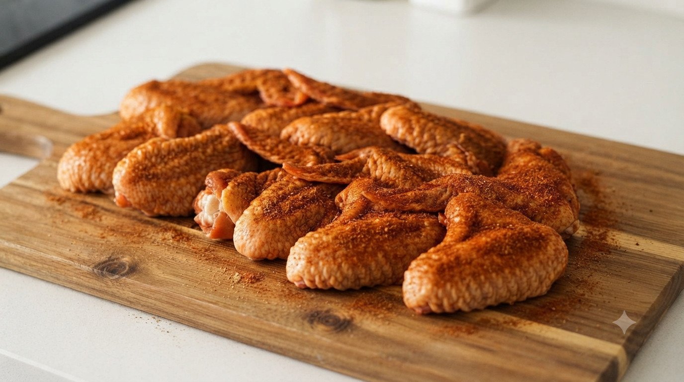 Alitas de pollo sazonadas con la mezcla de especias, antes de cocinar