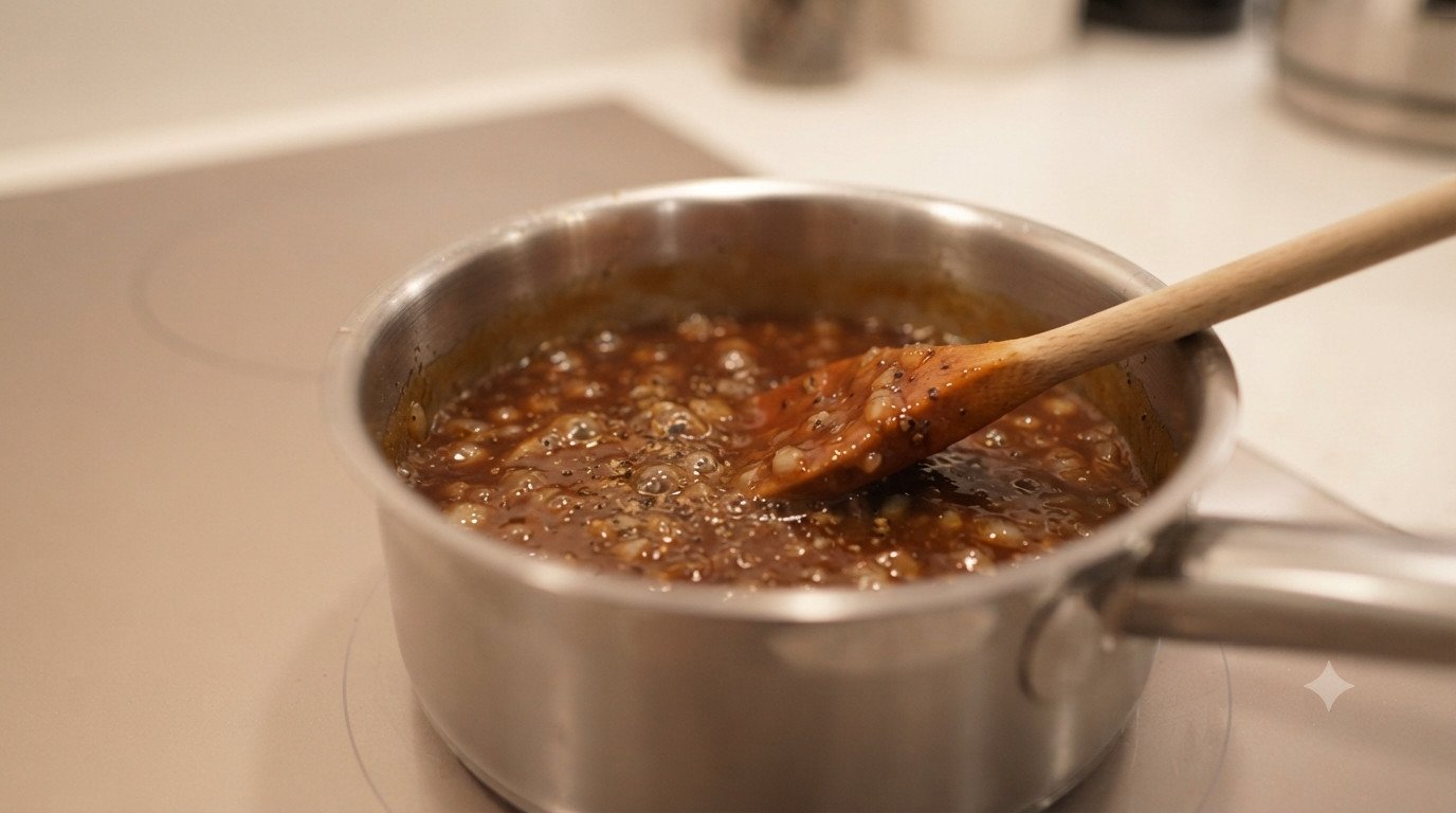 Salsa barbacoa casera en un cazo, espesándose a fuego bajo
