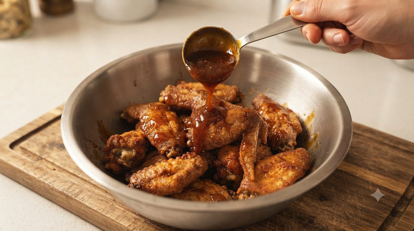 Salsa BBQ siendo vertida sobre las alitas calientes en un bol grande