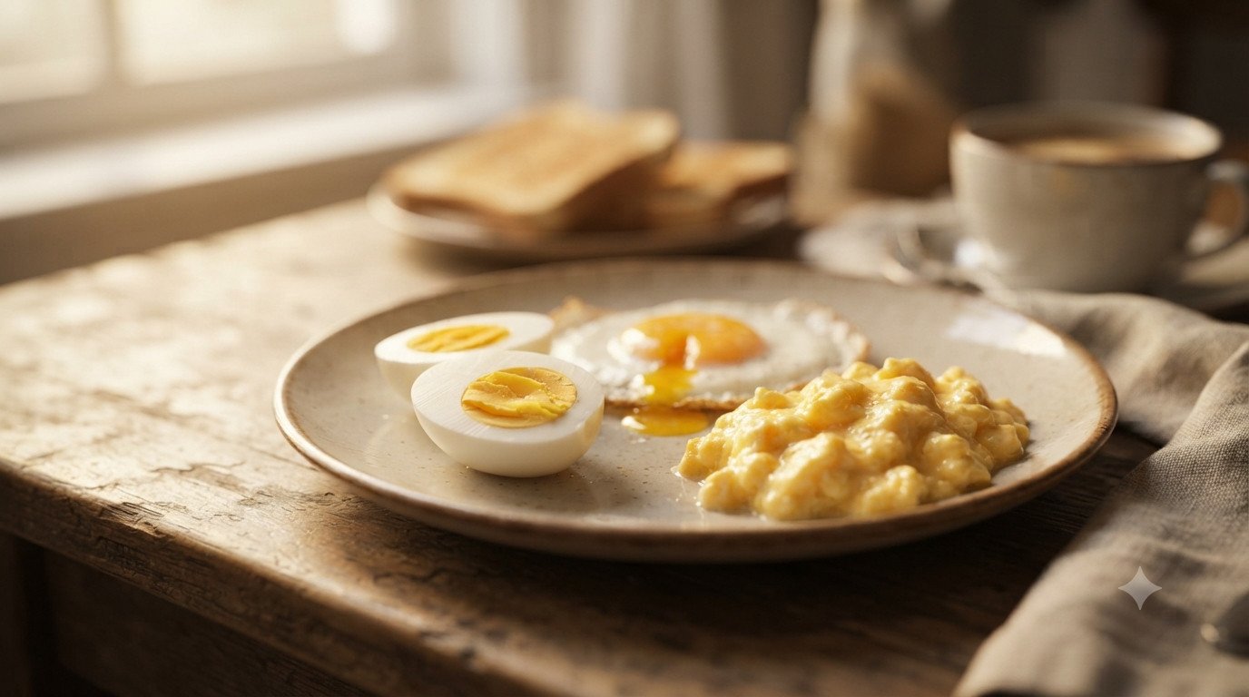 Huevos preparados en freidora de aire: huevo duro, huevo frito y huevos revueltos servidos en un plato
