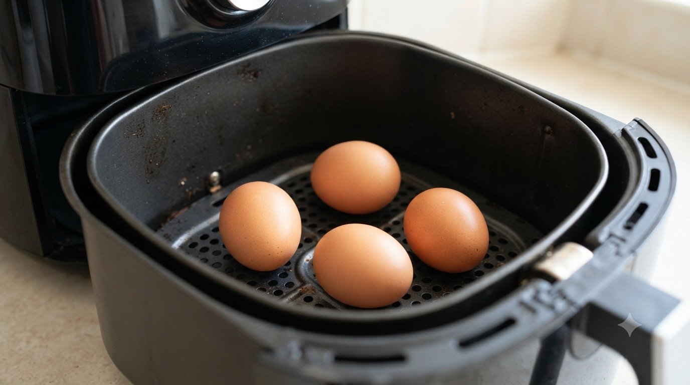 Huevos enteros con cáscara colocados directamente en la cesta de la freidora de aire