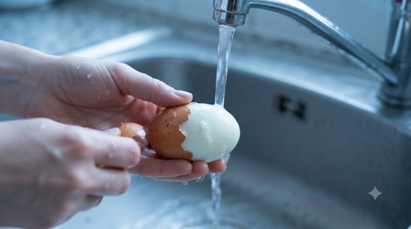 Huevos duros recién cocinados en freidora de aire siendo enfriados con agua fría