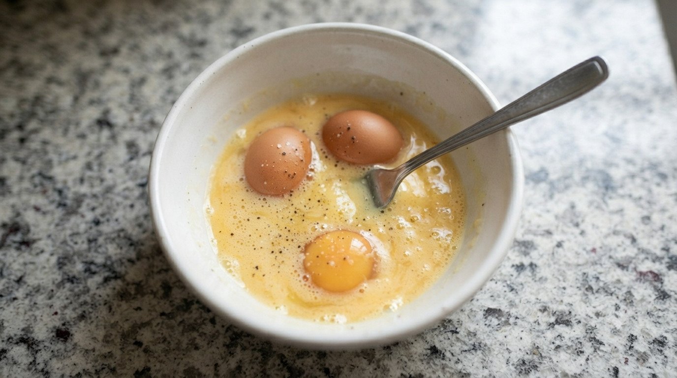Huevos batidos con sal y pimienta preparados para cocinar en freidora de aire