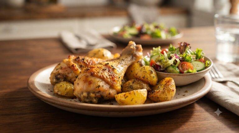 Pollo y patatas en freidora de aire, todo en una tanda