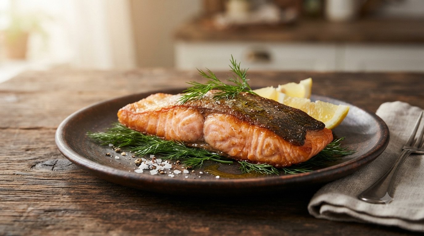 Filete de salmón en freidora de aire jugoso con rodajas de limón y hierbas