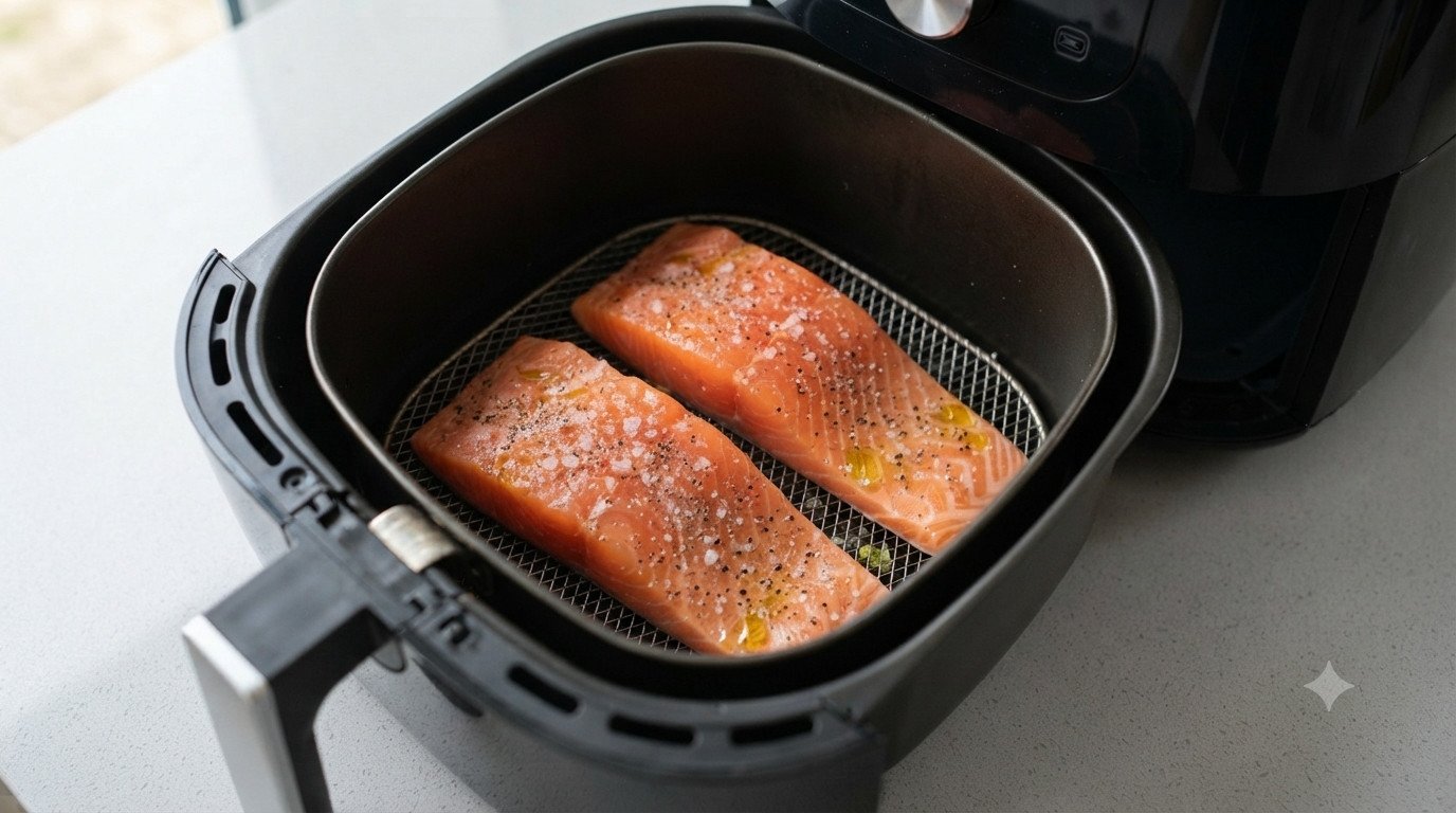 Lomos de salmón colocados en la cesta de la freidora de aire