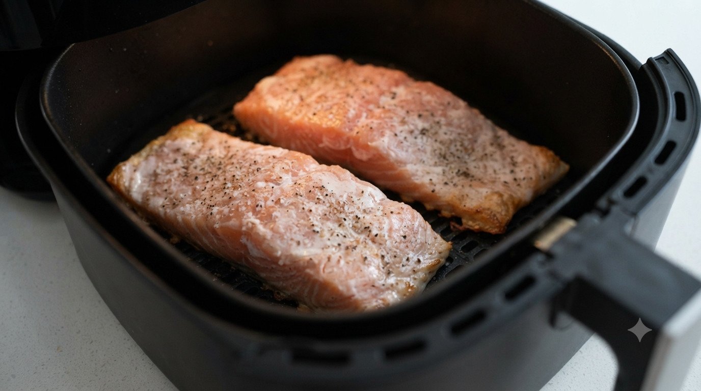 Salmón recién hecho en la freidora de aire