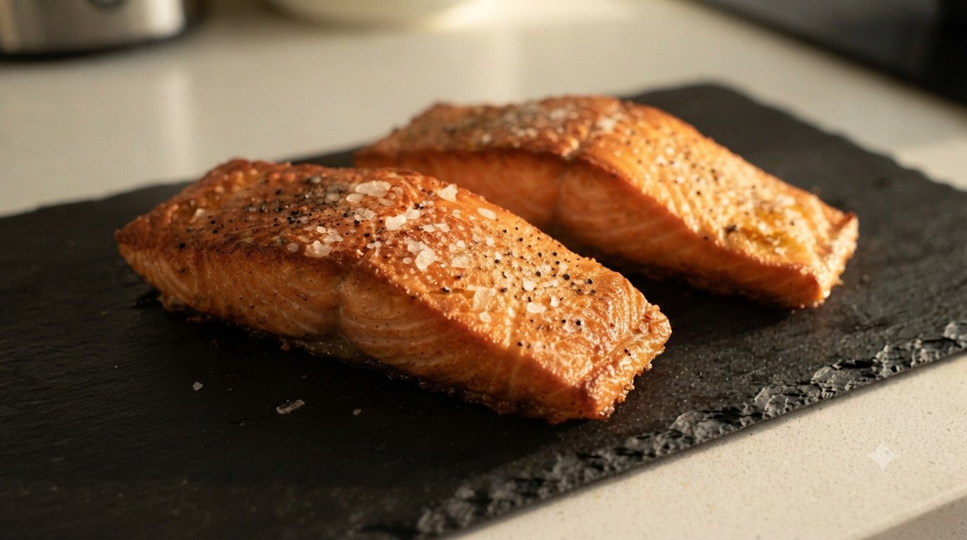 Plato de salmón en freidora de aire acompañado de guarnición