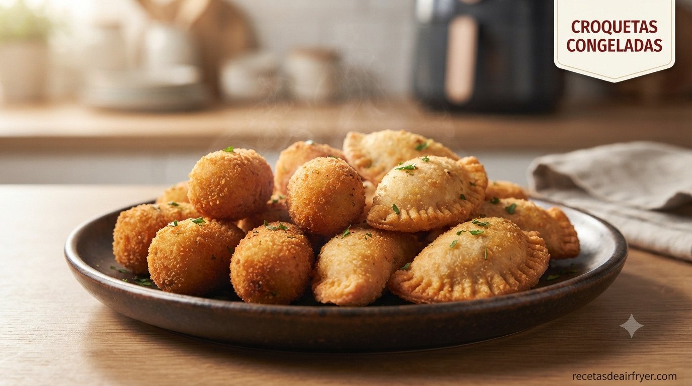 Croquetas congeladas en freidora de aire doradas y crujientes apiladas en plato oscuro