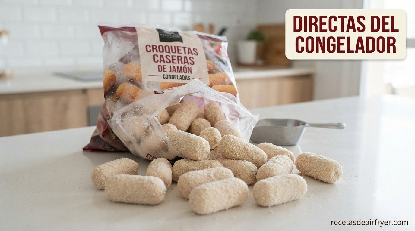 Paquete de croquetas congeladas de supermercado abierto sobre encimera de cocina