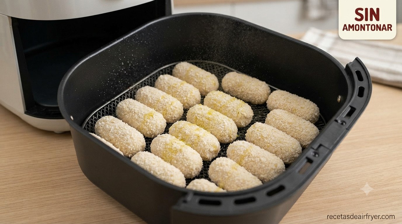 Cesta de la freidora de aire con croquetas congeladas en una sola capa, sin amontonar