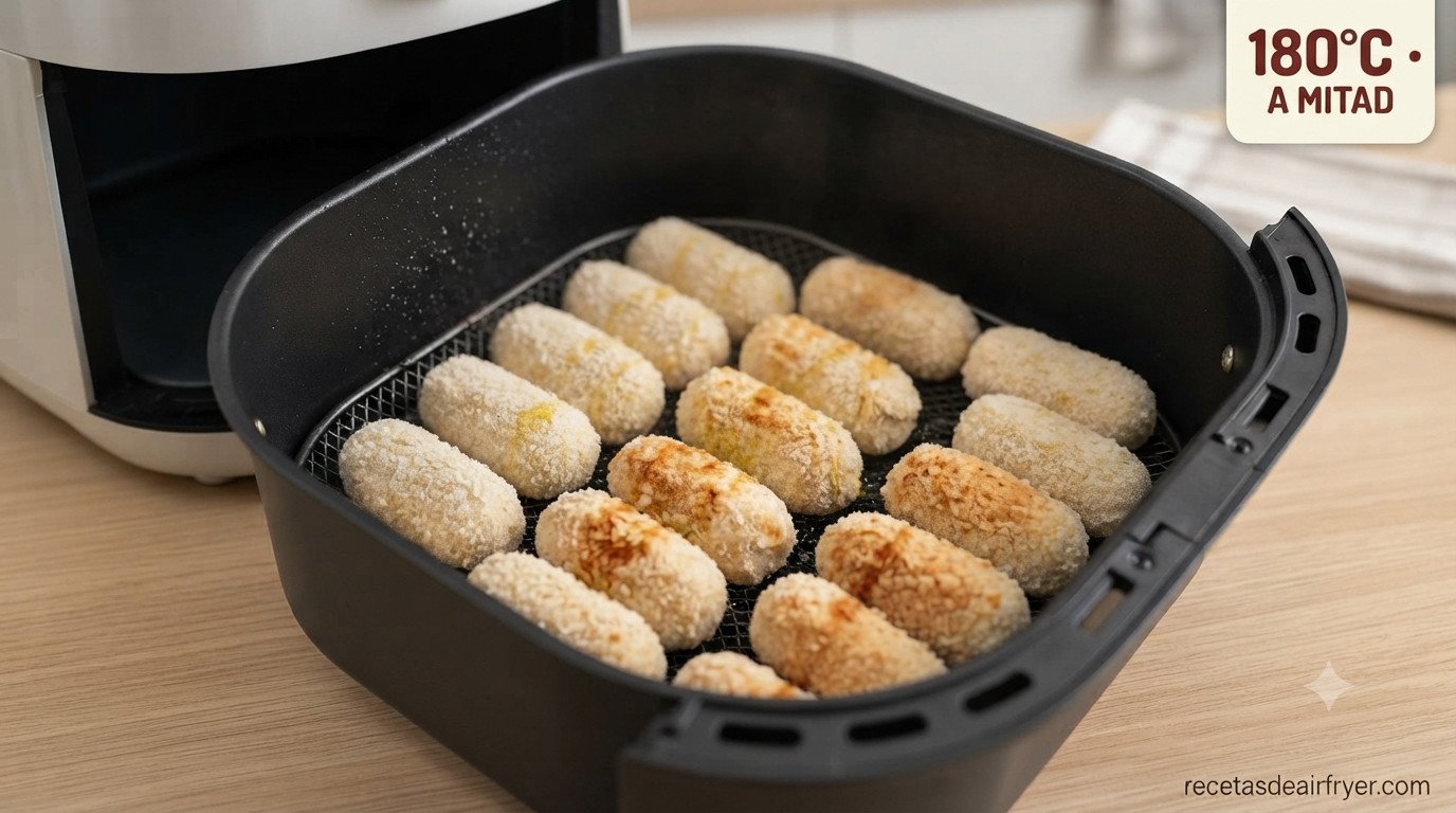 Croquetas congeladas a mitad de cocción, empezando a dorarse en la cesta de la freidora de aire