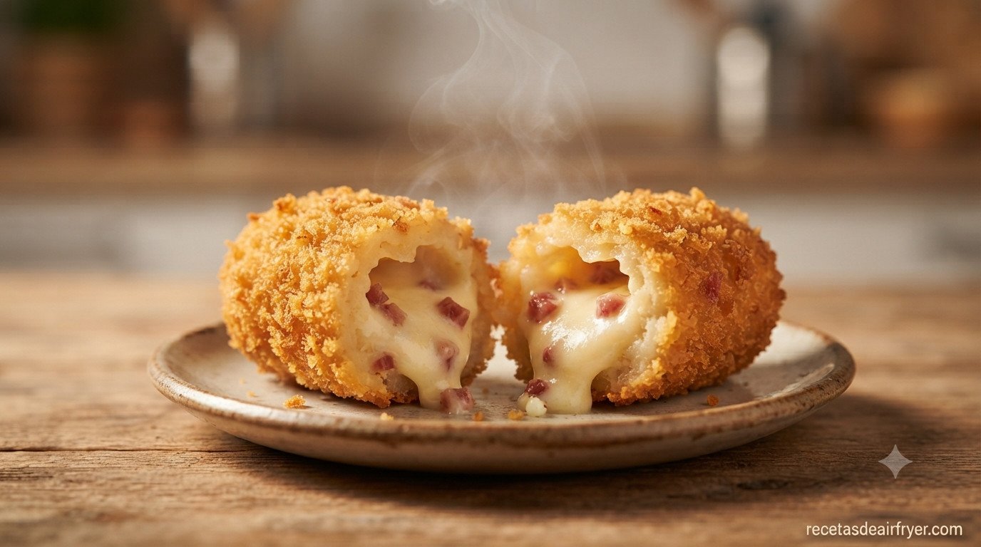 Croqueta congelada partida por la mitad mostrando el interior cremoso de bechamel