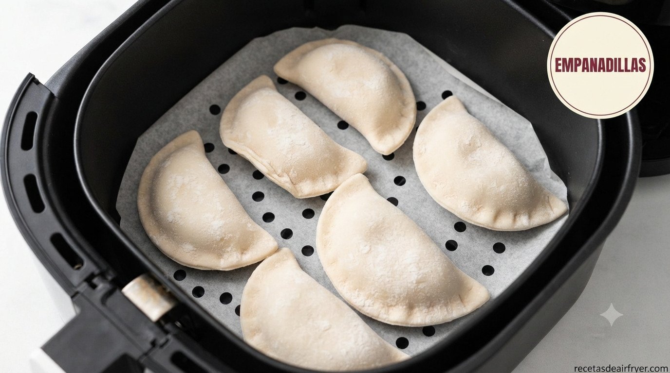 Empanadillas congeladas colocadas in la cesta de la freidora de aire antes de cocinar