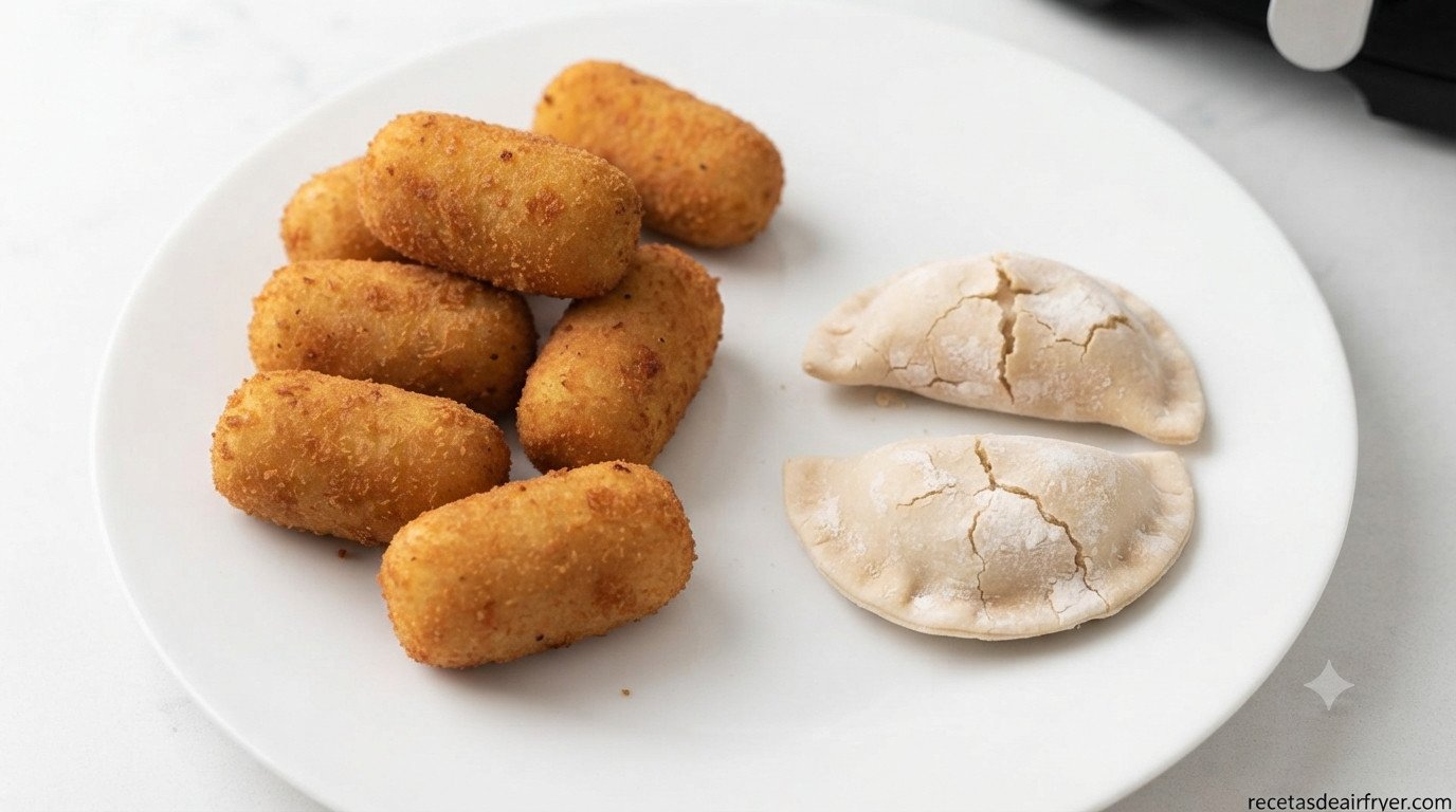 Comparativa visual de una croqueta bien dorada frente a una pálida y rota