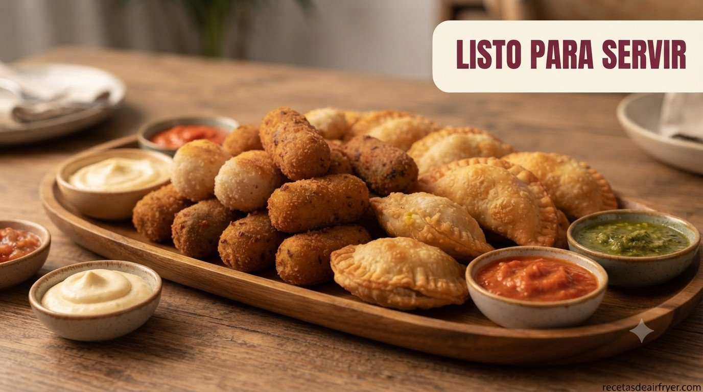 Croquetas y empanadillas servidas en mesa con salsas variadas