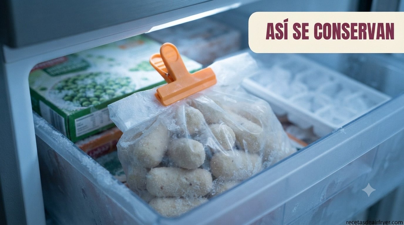 Bolsa de croquetas congeladas cerrada con clip guardada en el congelador