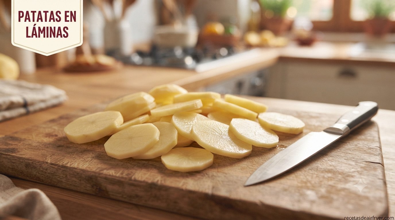 Patatas peladas y cortadas en láminas finas sobre tabla de madera para tortilla de patatas