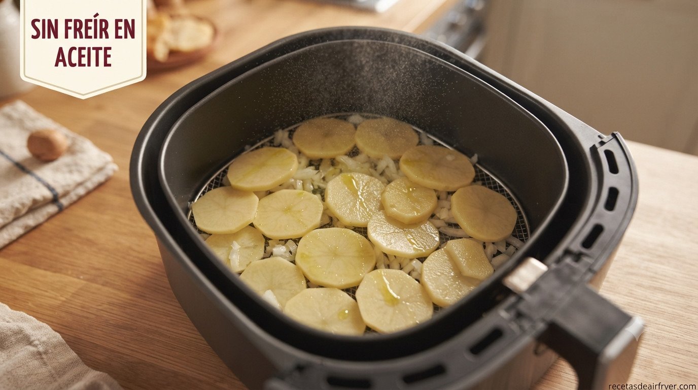 Cesta de la freidora de aire con láminas de patata y cebolla para tortilla de patatas