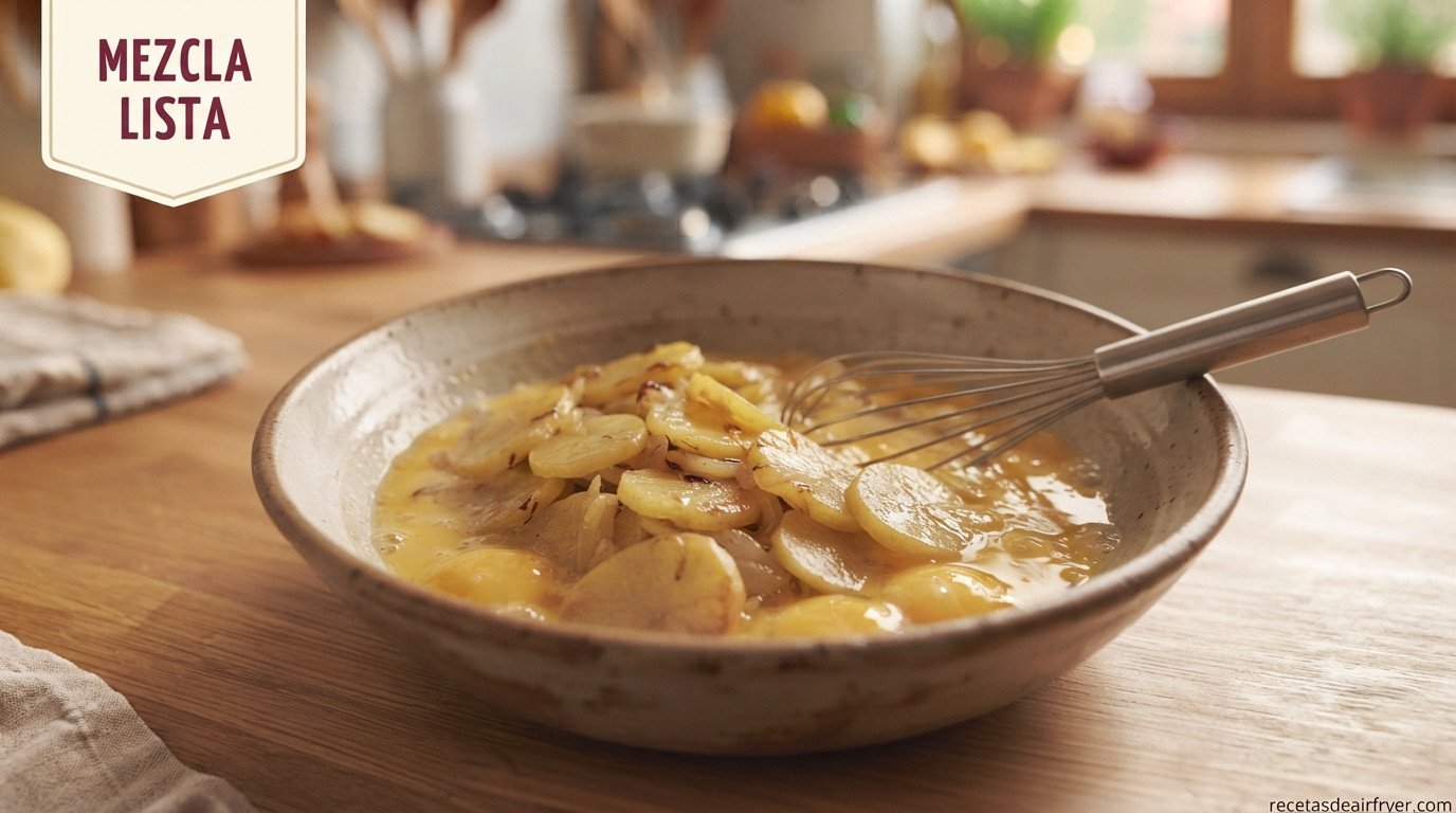 Huevos batidos mezclados con patatas y cebolla ya cocinadas para hacer tortilla