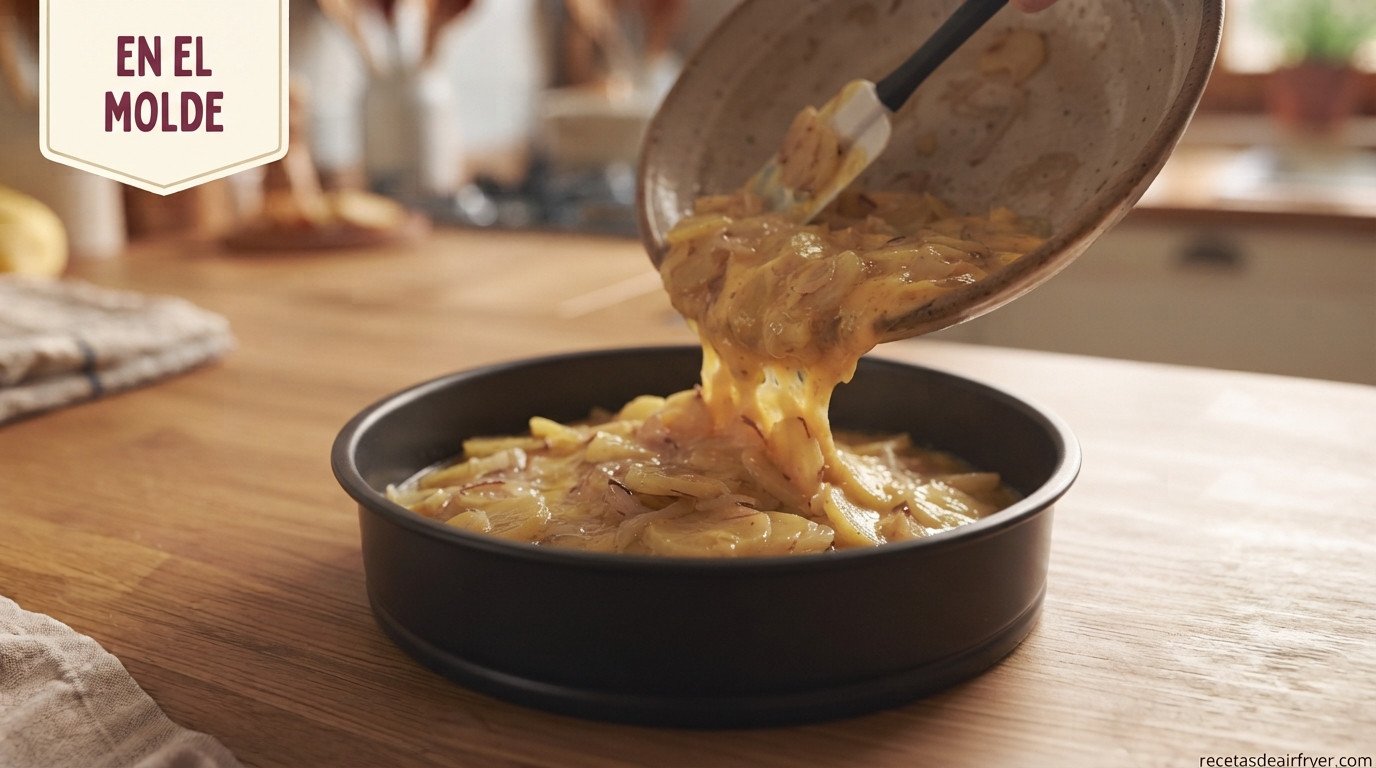 Molde apto para freidora de aire con la mezcla de tortilla de patatas vertida dentro