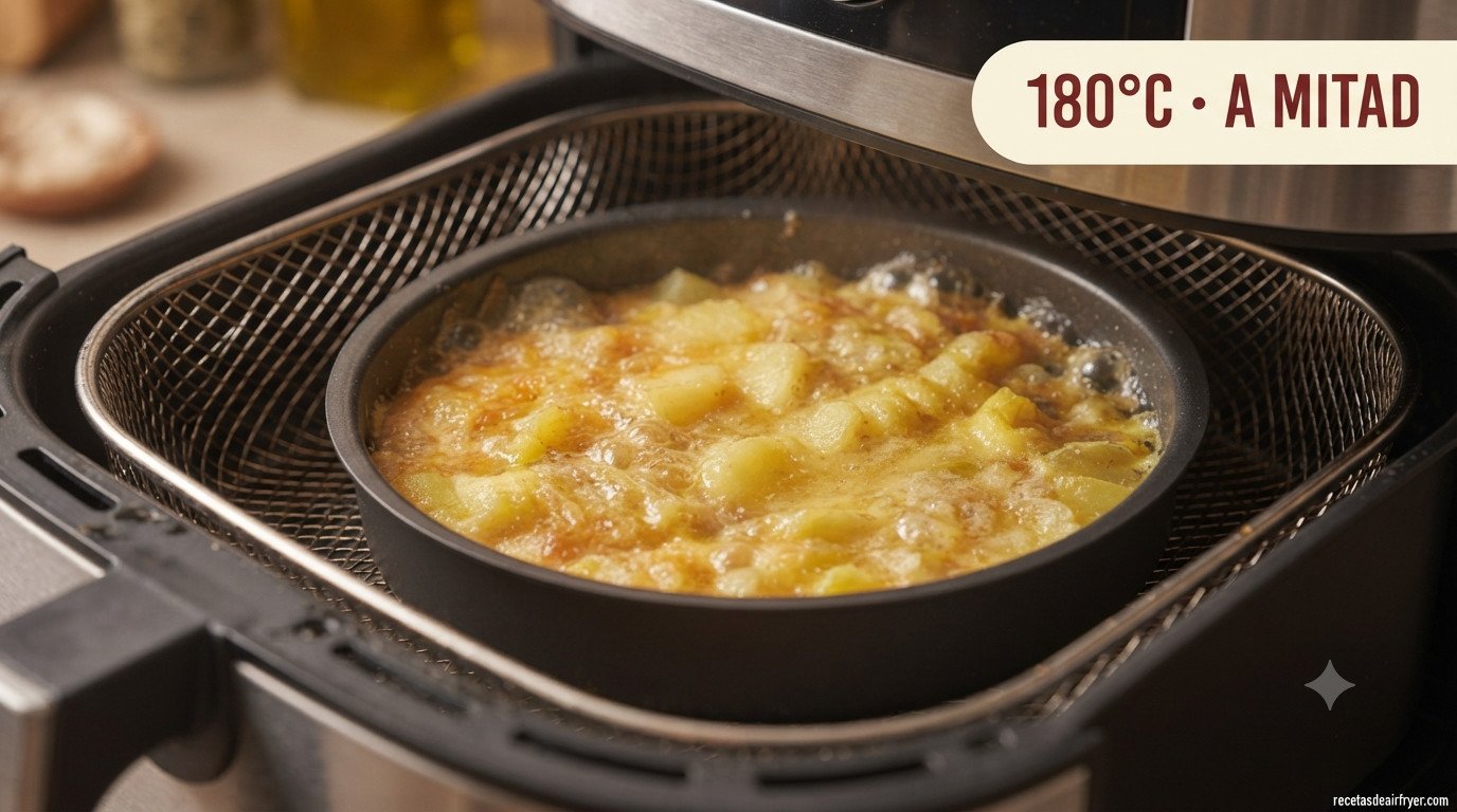 Molde con tortilla de patatas dentro de la cesta de la freidora de aire, a mitad de cocción