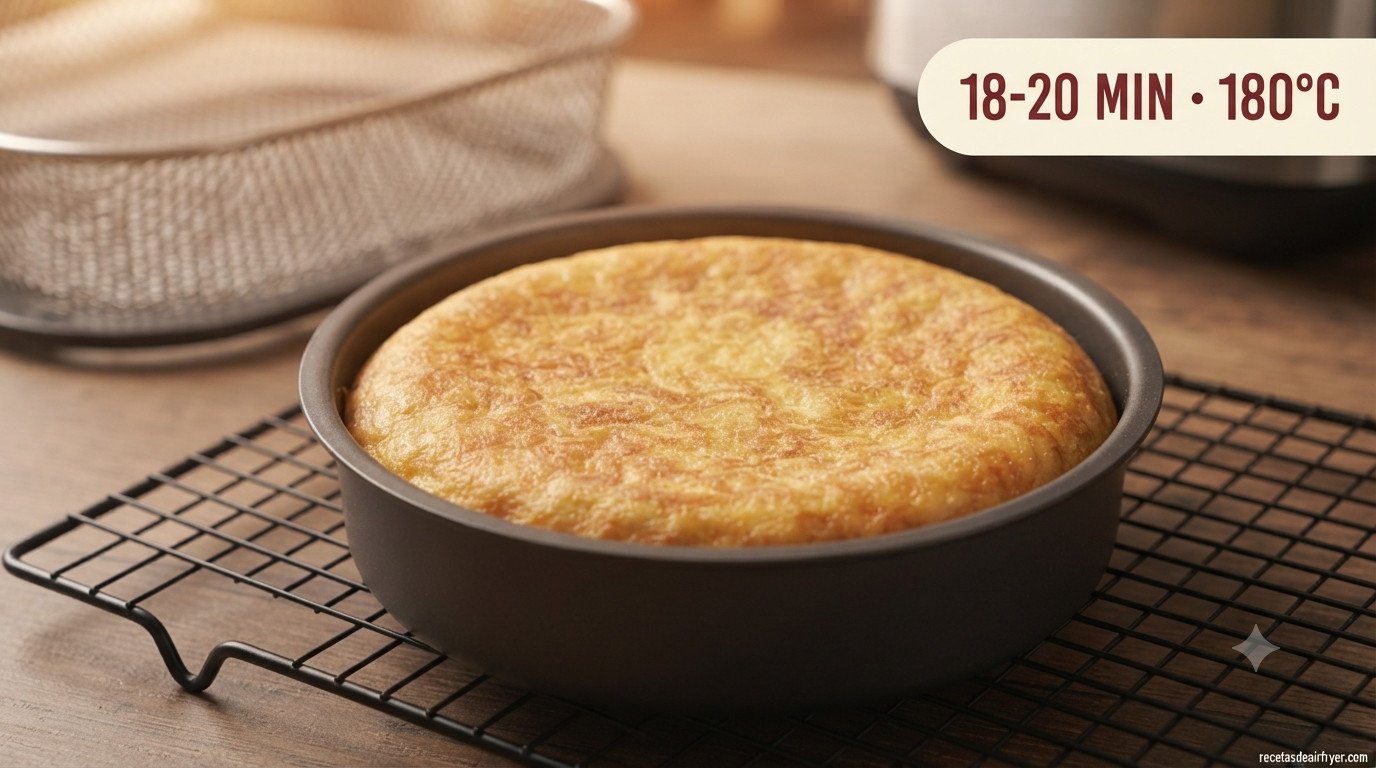 Tortilla de patatas recién sacada de la freidora de aire, dorada por fuera, todavía en el molde