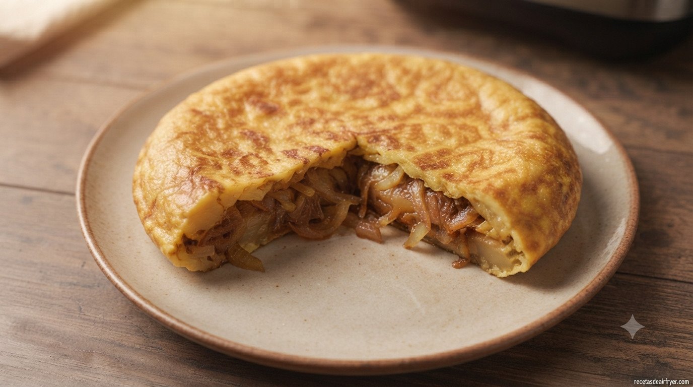 Tortilla de patatas partida por la mitad mostrando el punto jugoso del interior