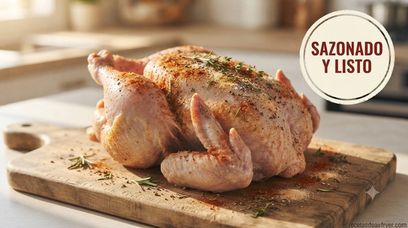 Pollo entero crudo sazonado con especias y hierbas sobre tabla, antes de cocinar en freidora de aire