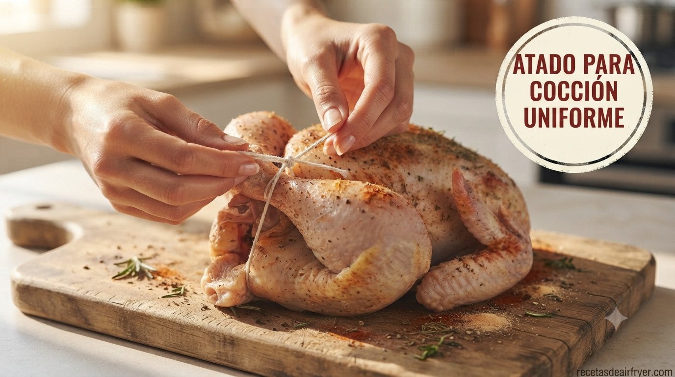 Manos atando las patas del pollo entero con hilo de cocina antes de meterlo en la freidora de aire
