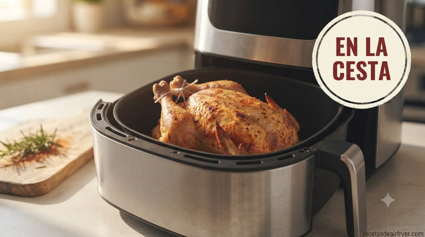 Pollo entero sazonado colocado in la cesta de la freidora de aire antes de cocinar