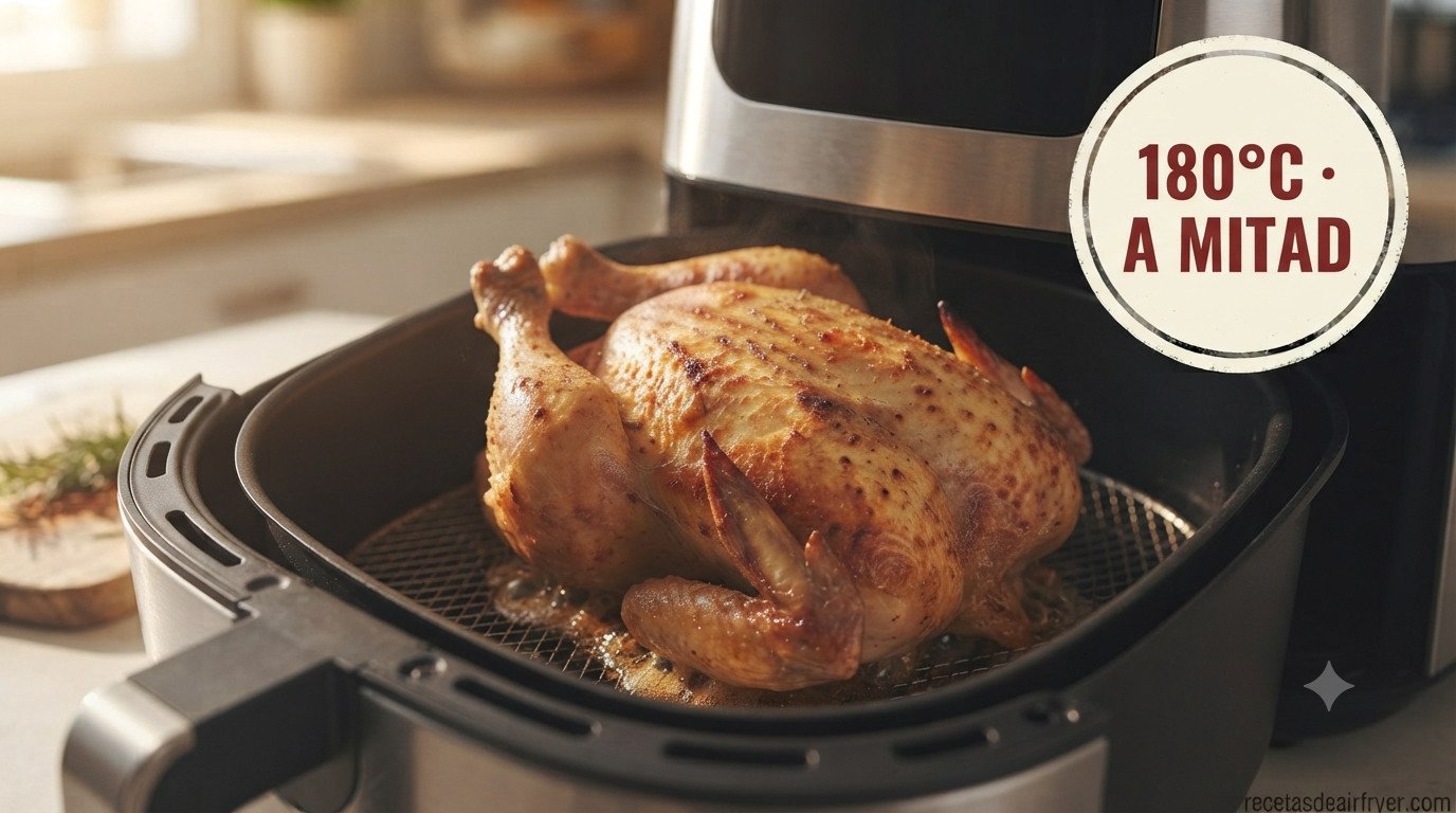Pollo entero a mitad de cocción, empezando a dorarse, dentro de la freidora de aire