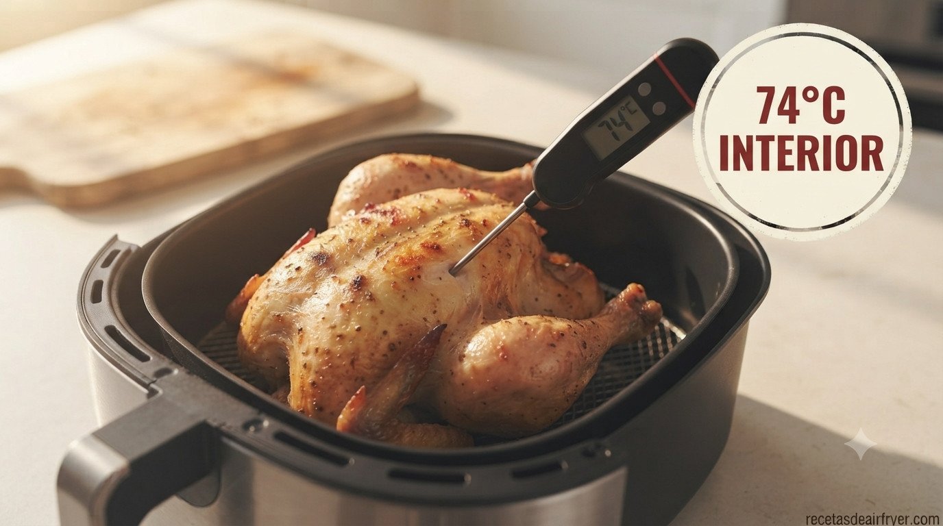 Termómetro de cocina insertado en el muslo del pollo comprobando la temperatura interior