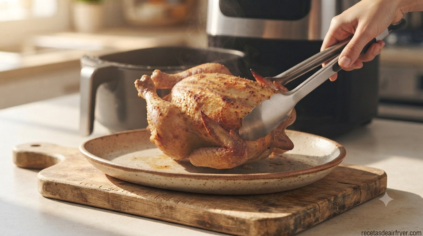 Pollo entero dorado y crujiente recién sacado de la freidora de aire
