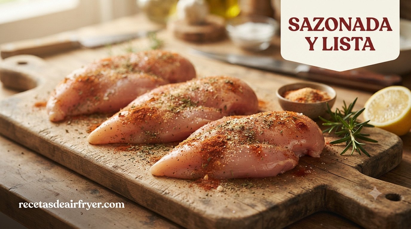 Pechugas de pollo crudas sazonadas con especias sobre tabla de madera