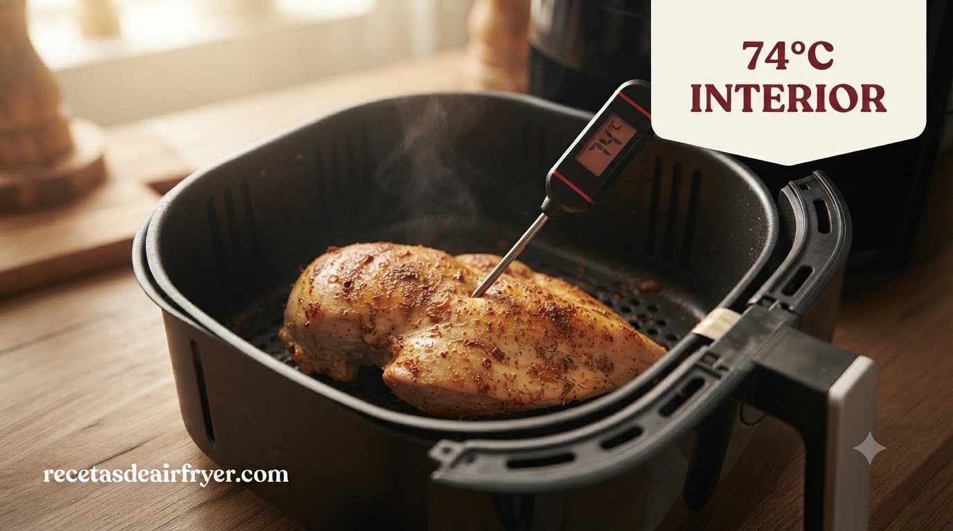 Termómetro de cocina insertado en una pechuga de pollo comprobando la temperatura interior