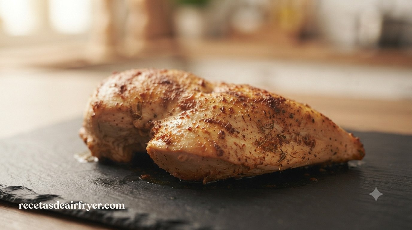 Pechuga de pollo dorada recién sacada de la freidora de aire
