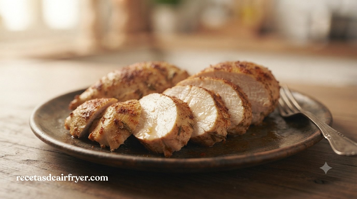 Pechuga de pollo cortada en lonchas mostrando el interior jugoso, sin zonas secas