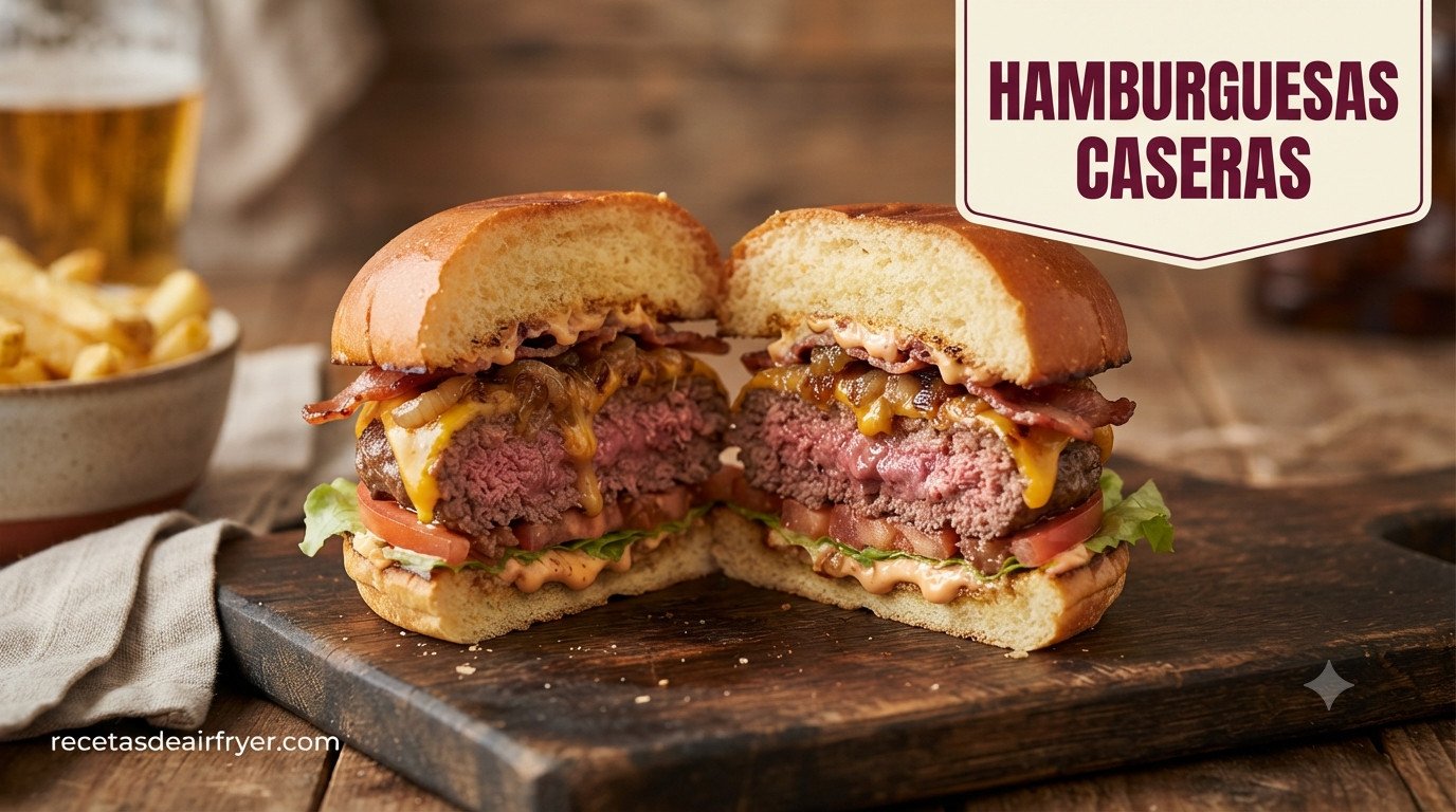 Hamburguesa casera jugosa en freidora de aire con queso fundido, corte lateral mostrando el interior