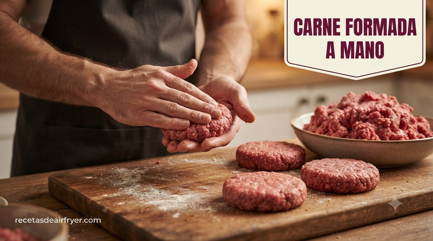 Manos formando hamburguesas caseras con carne picada sobre tabla de madera
