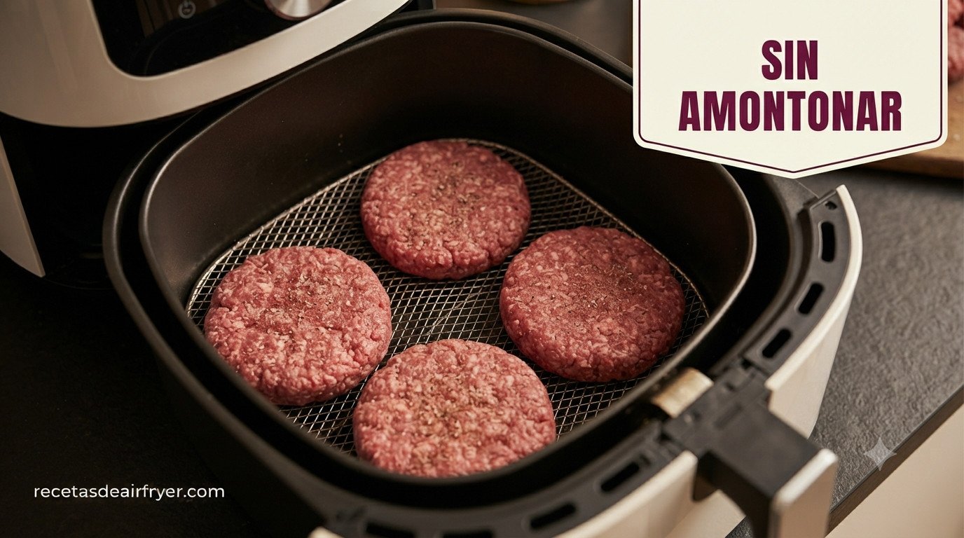 Cesta de la freidora de aire con las hamburguesas crudas colocadas, sin amontonar