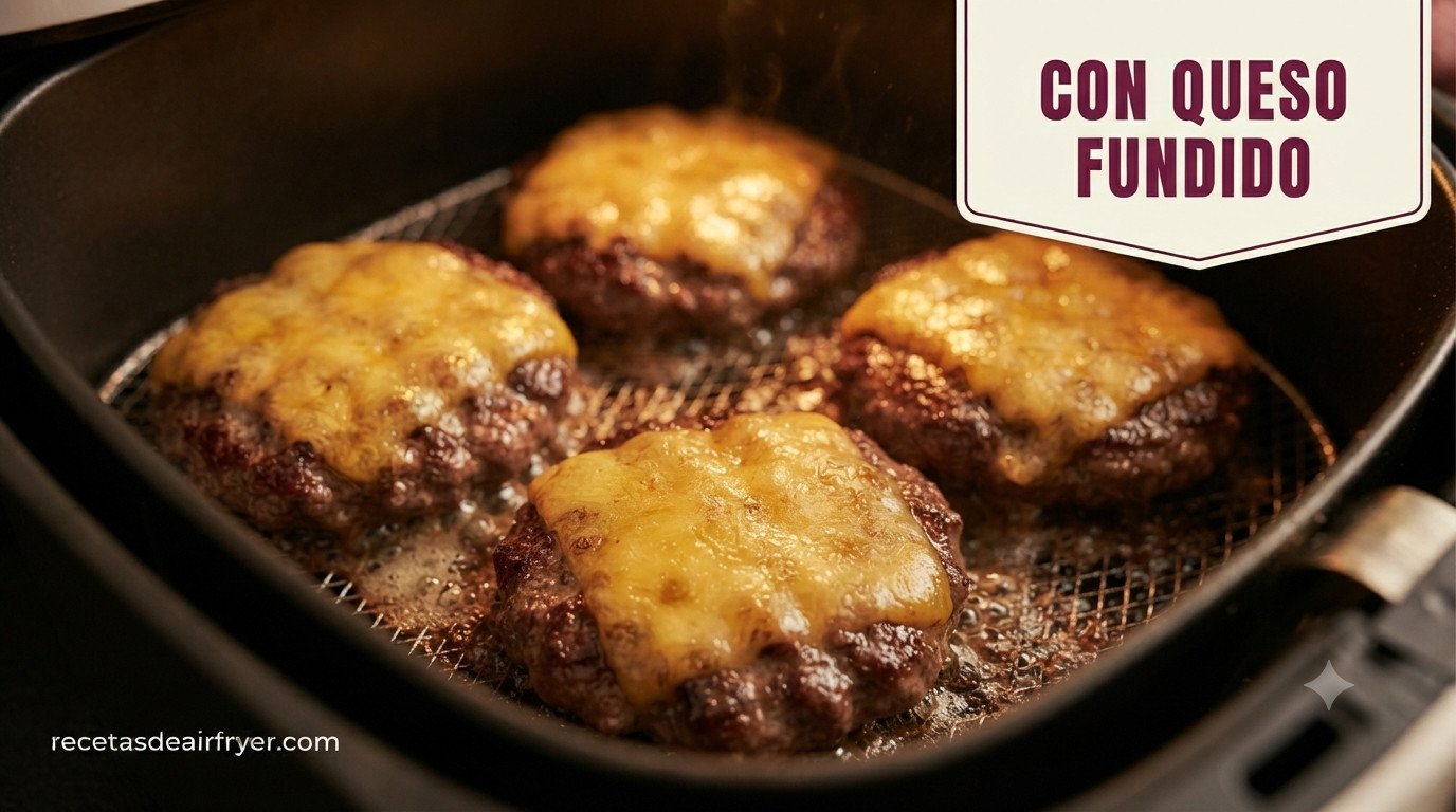 Hamburguesas con queso fundiéndose encima en los últimos minutos de cocción en freidora de aire