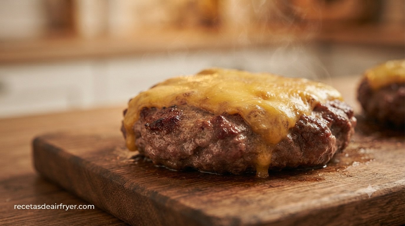 Hamburguesa casera recién sacada de la freidora de aire, dorada por fuera