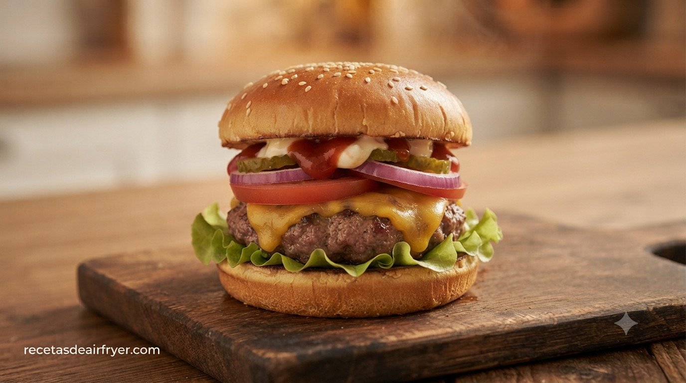 Hamburguesa casera montada completa con pan, lechuga, tomate y salsa, lista para servir