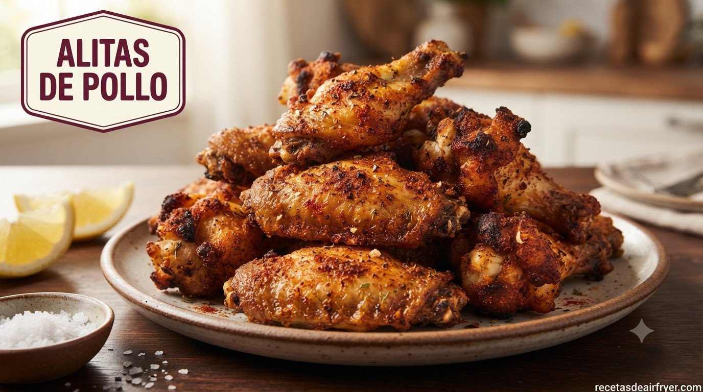 Alitas de pollo en freidora de aire doradas y crujientes apiladas en plato, sin salsa, con especias
