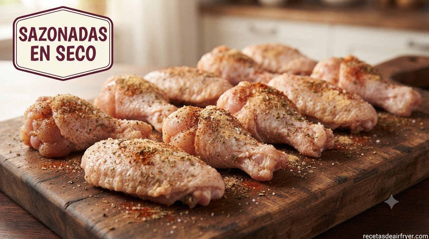 Alitas de pollo crudas sazonadas con especias secas sobre tabla de madera