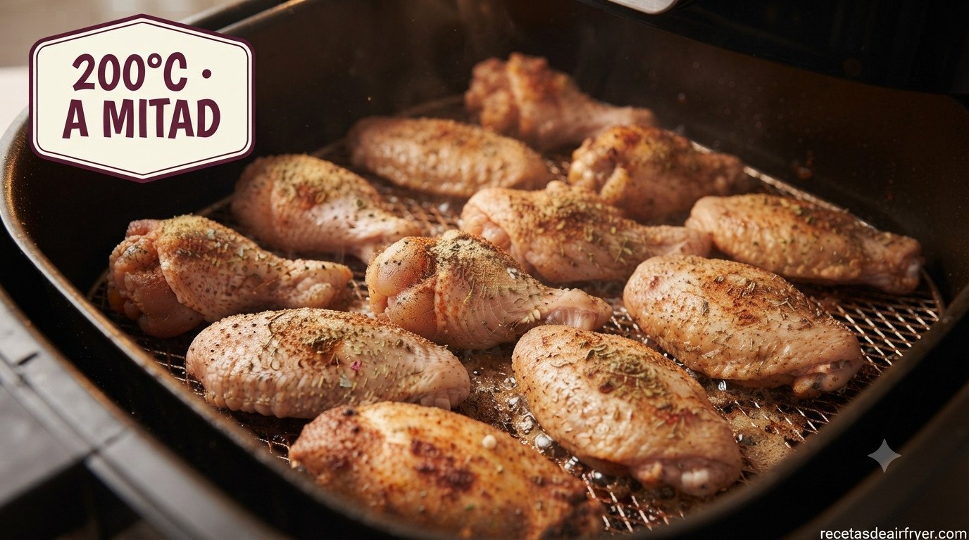Alitas de pollo a mitad de cocción, empezando a dorarse, dentro de la freidora de aire
