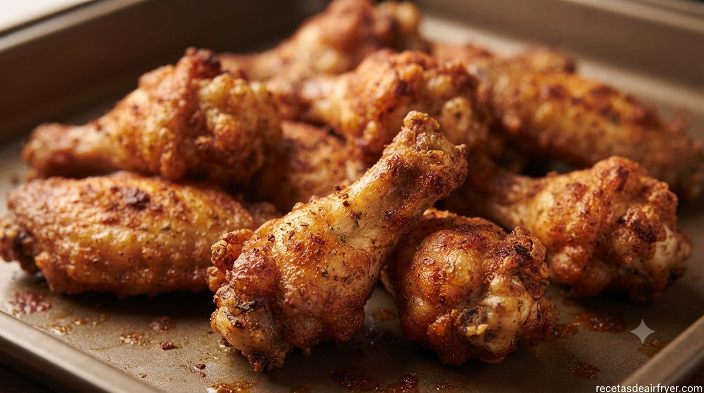 Alitas de pollo doradas y crujientes recién sacadas de la freidora de aire